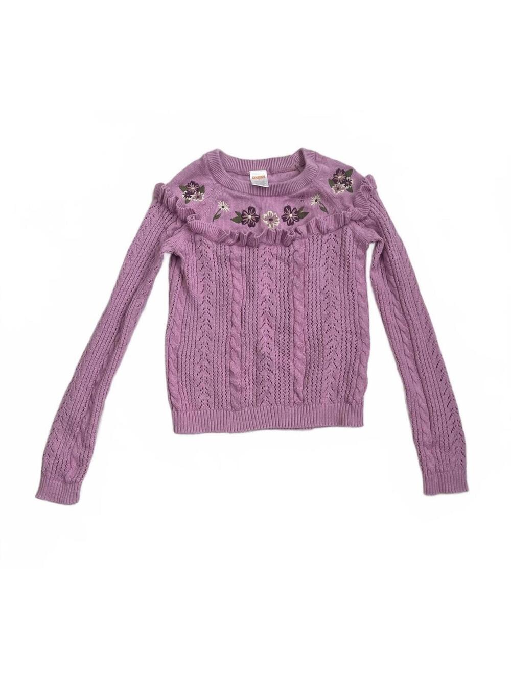 Gymboree Girls Size 8 Purple Cable Knit Sweater Floral Embroidered Ruffle Yoke